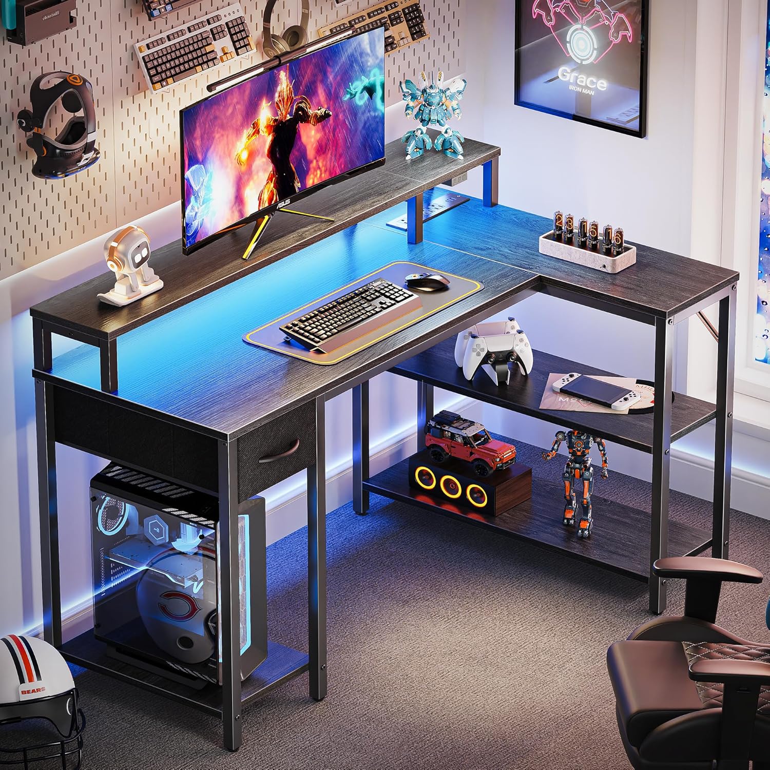 47 inch Reversible L Shaped Desk with LED Lights & Power Outlets, Computer Desk with Shelves & Monitor Stand