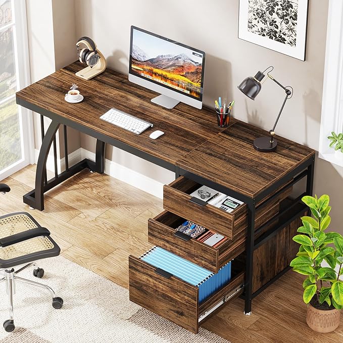 Computer Desk with 3 Drawers, 59-Inch PC Desk with Reversible Drawers, Industrial Study Writing Table Workstation