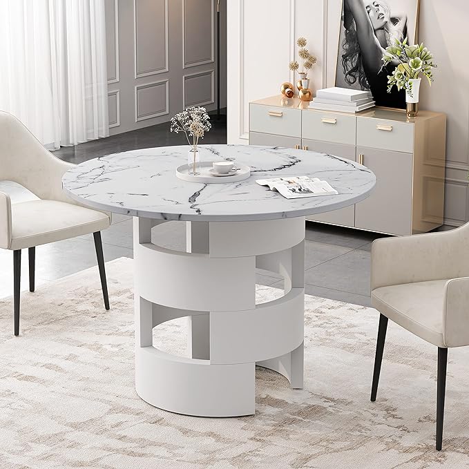 42.12" White Round Dinning Table Printed Marble MDF Table Top Hollow Cylindrical Base Pedestal Table