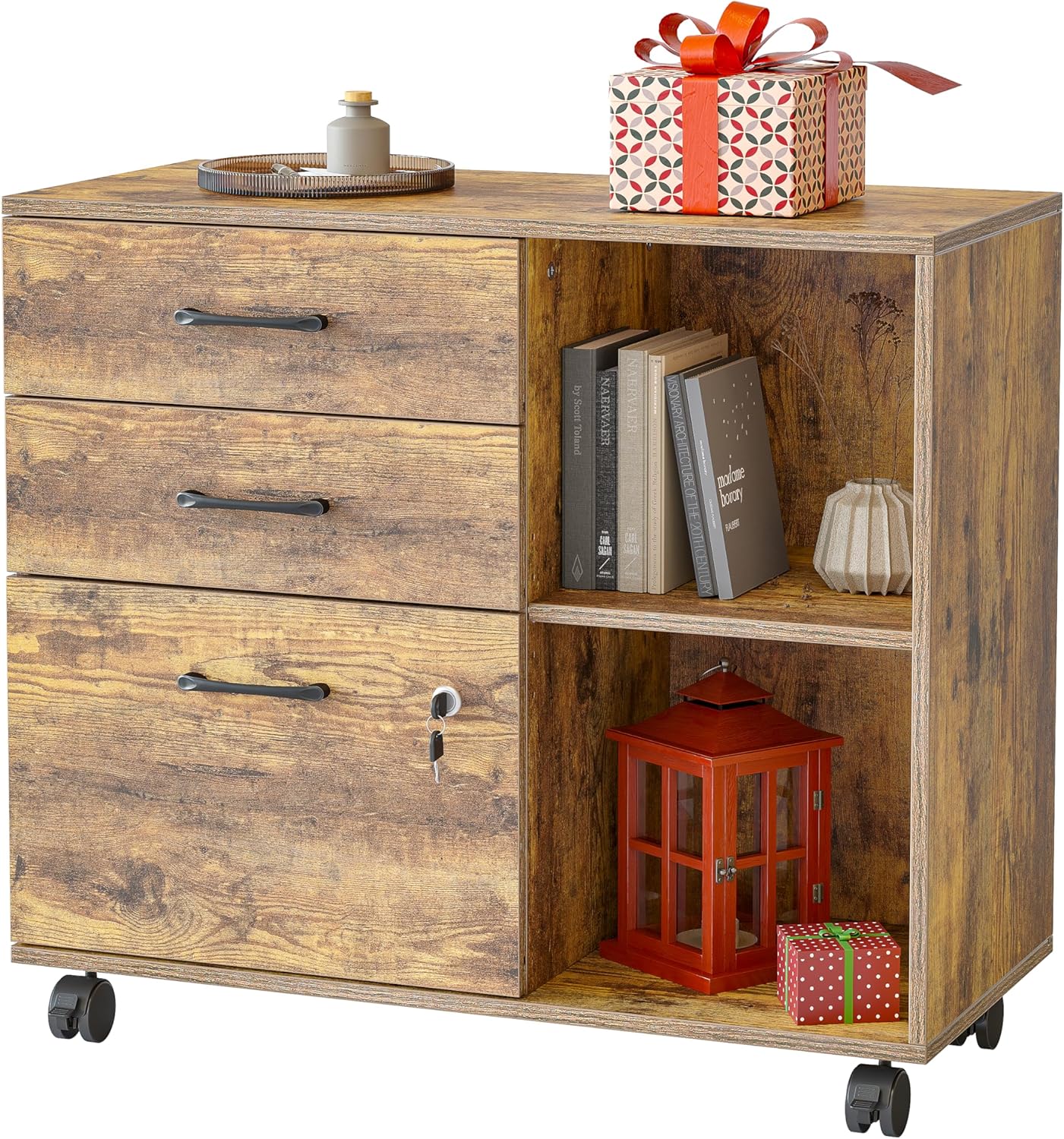 3-Drawer Mobile File Cabinet, Lateral Filing Cabinet with Lock