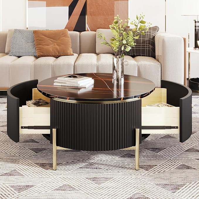 31.5" Modern Round Coffee Table with 2 Drawers