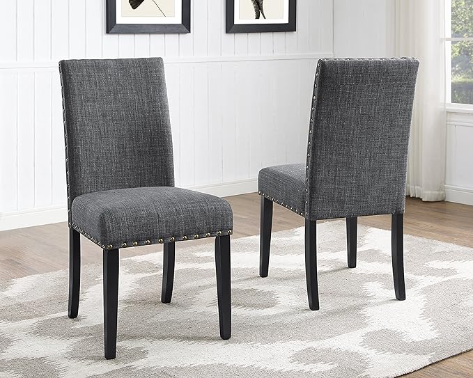 Gray Fabric Dining Chairs with Nailhead Trim, Pack of 2