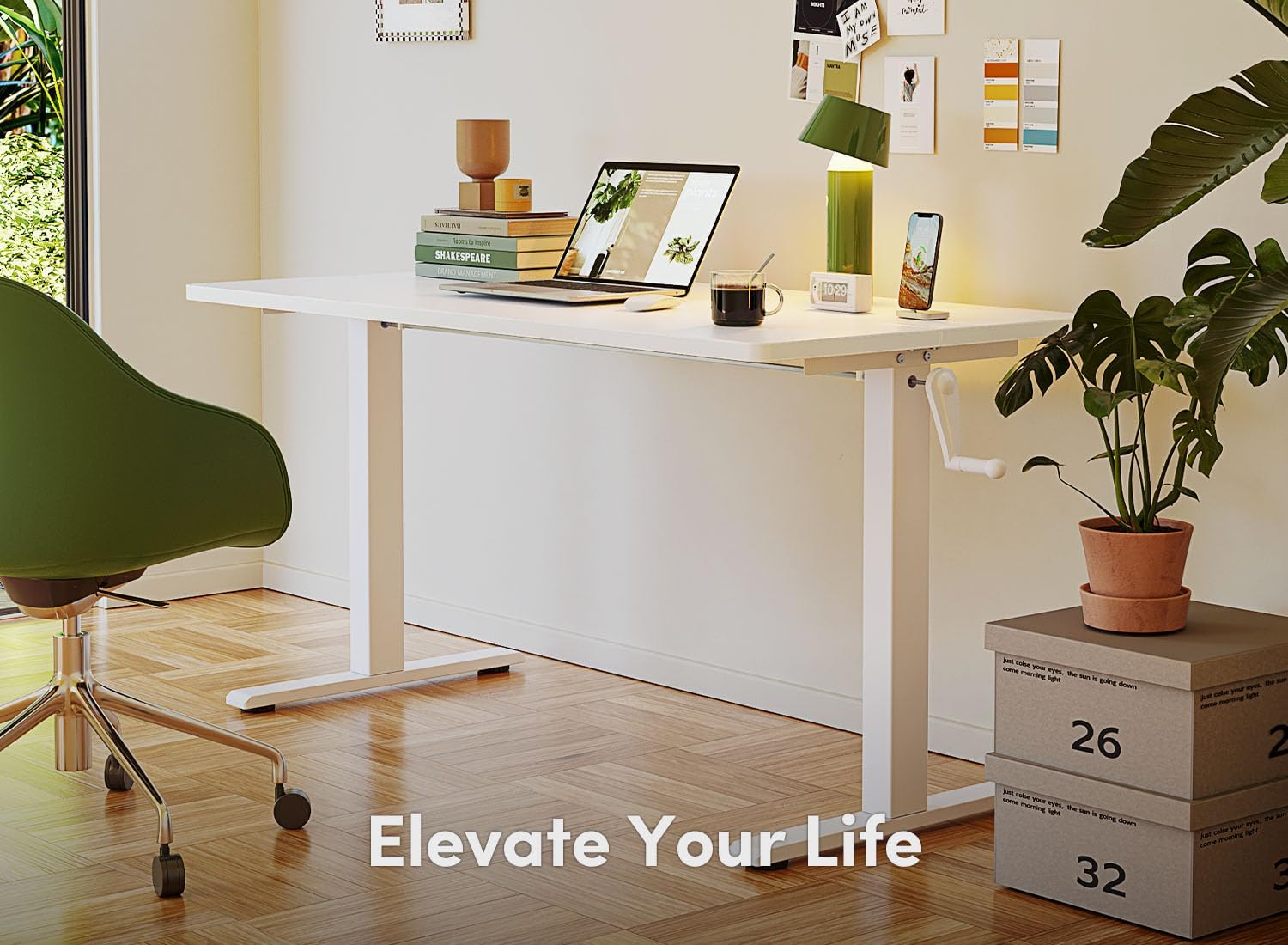 Crank Height Adjustable Desk, 40 Inches Manual Standing Desk, Writing Table with Handle