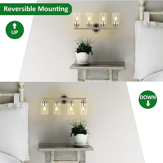 Bathroom Light Fixtures, Silver 4-Light Wall Sconces Lighting with Clear Glass Shade, Bath Vanity Light