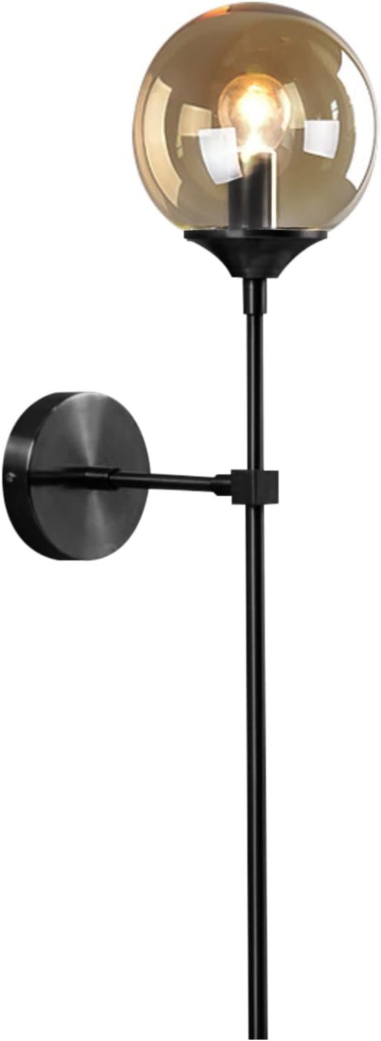 Amber Glass Globe Wall Sconce Black Slim Long Arm Wall Lamp Mid Century Modern Wall Mounted Reading Light for Bedside Stairs Bathroom Mirror
