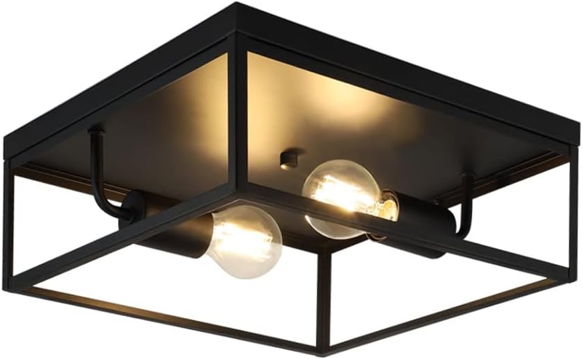 Industrial Metal Flush-Mount Ceiling Lighting Fixture, 13” Square Farmhouse Close to Ceiling Light
