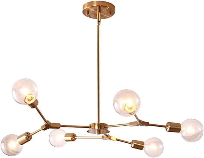 Modern Sputnik Chandelier Brushed Brass Hanging Lamp Industrial Flush Mount Ceiling Light Fixture Adjustable Hanging Lamp for Living Room (6 Lights Gold)