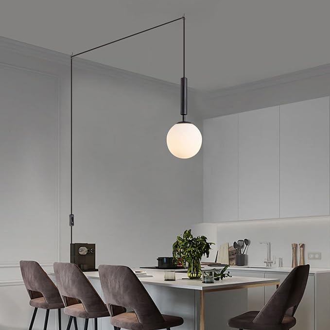 Modern White Glass Globe Pendant Light Nordic Plug-in Hanging Light Fixture with Adjustable Wire Postmodern Geometric Ball Chandelier for Kitchen Island Dining Room (Black)