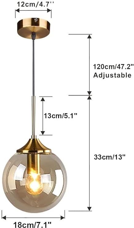 Mid Century Modern Pendant Chandelier 1-Light Gold Glass Globe Pendant Light Brushed Brass Pendant Light Large Kitchen Pendant Lighting Over Island (Amber)
