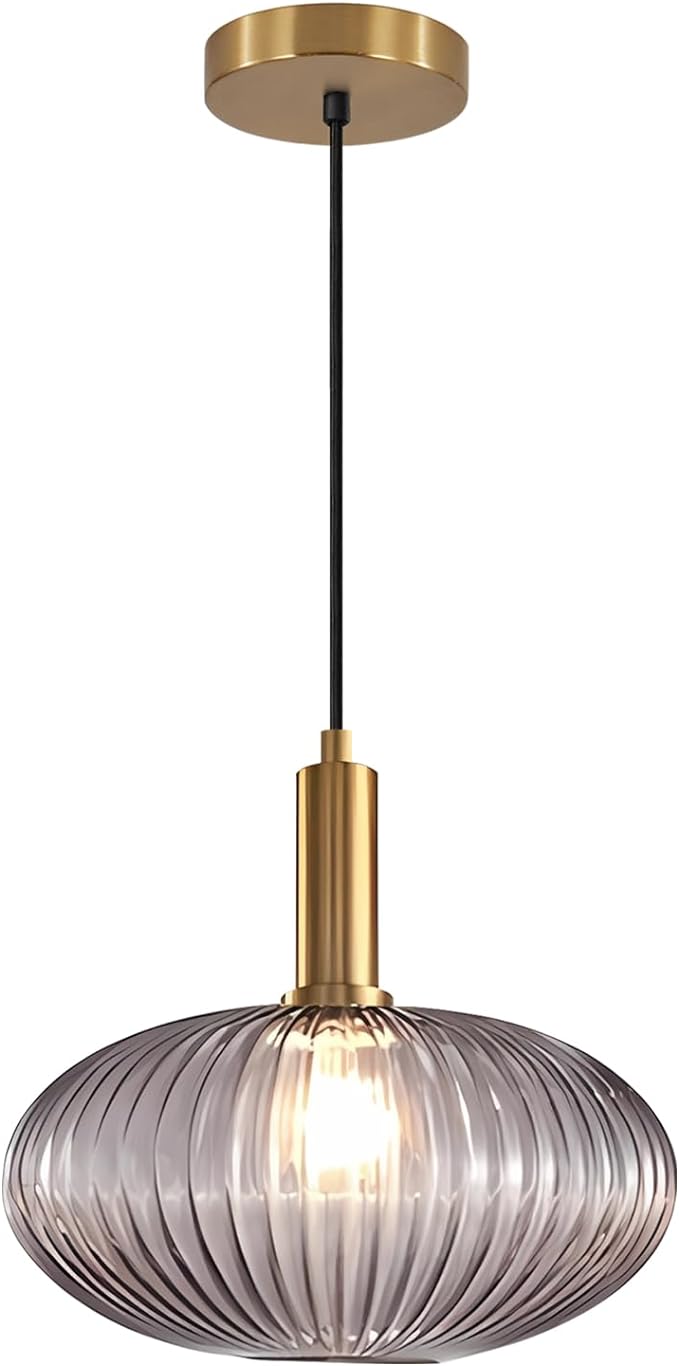 Mid Century Modern Gold Glass Pendant Lighting Smoke Grey Globe Kitchen Island Pendant Lamp Industrial Brass Gold Hanging Ceiling Light Fixture Adjustable Round Ball Pendant Light