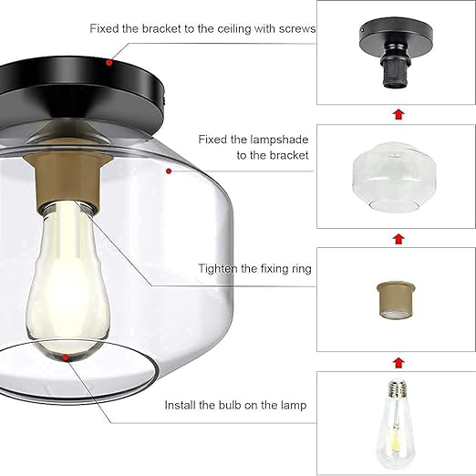 Industrial Semi Flush Mount Ceiling Light, Clear Glass Shade Ceiling Light Fixture