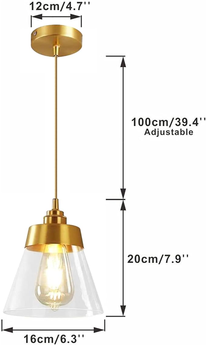 Modern Glass Glass Pendant Light Fixture Gold Brass Pendant Lighting with Conical-Shaped and Adjustable Cord for Kitchen Island, Bathroom