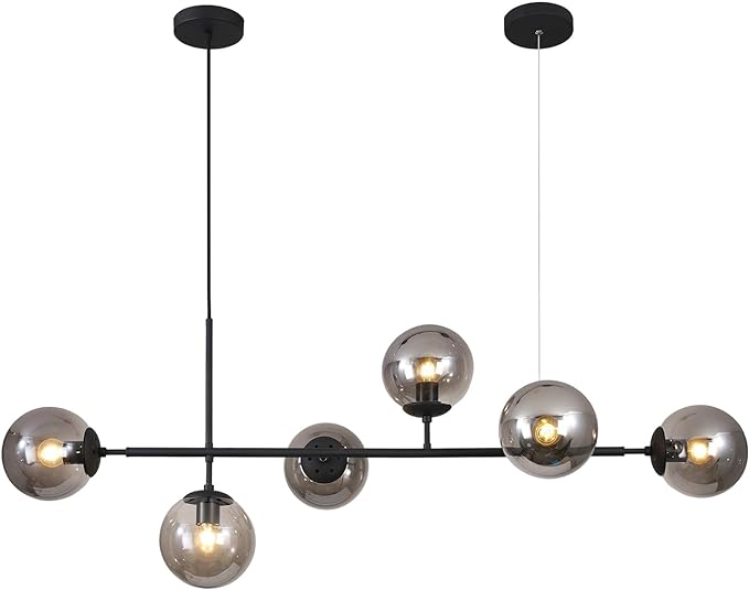 6-Light Mid Century Modern Rectangle Sputnik Chandelier Black Farmhouse Linear Chandelier Glass Globe Pendant Light Vintage Kitchen Island Lighting (Black+Smoke Gray)
