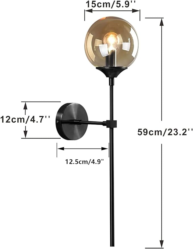 Amber Glass Globe Wall Sconce Black Slim Long Arm Wall Lamp Mid Century Modern Wall Mounted Reading Light for Bedside Stairs Bathroom Mirror