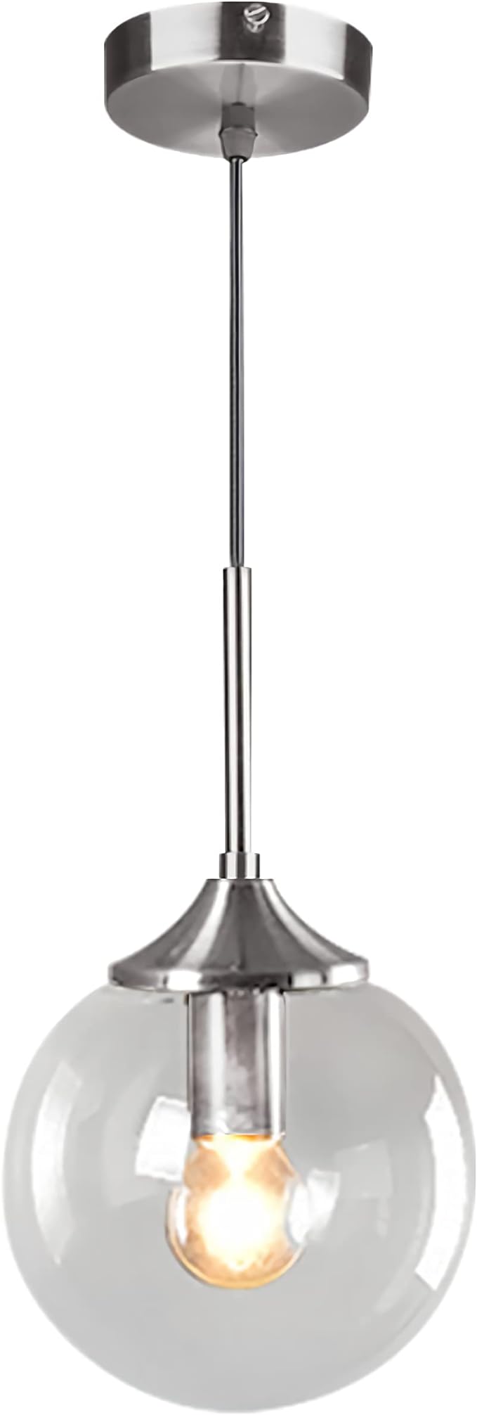 Modern Nordic Hanging Ceiling Light Fixture 1-Light Silver Pendant Light with Glass Globe Adjustable Cord Contemporary Kitchen Island Lighting for Bedroom Living Room Dining Room (Clear)
