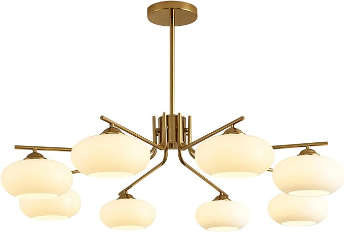 8-Lights White Glass Globe Sputnik Chandelier Mid Century Modern Gold Semi Flush Mount Ceiling Light Sputnik Chandeliers Milk Glass Ball Chandelier Kitchen Island