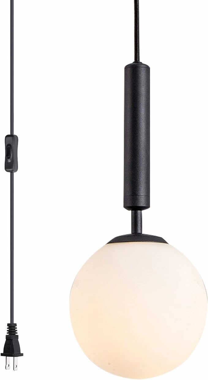Modern White Glass Globe Pendant Light Nordic Plug-in Hanging Light Fixture with Adjustable Wire Postmodern Geometric Ball Chandelier for Kitchen Island Dining Room (Black)