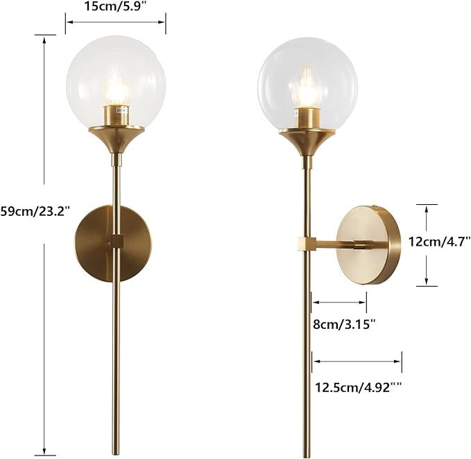 Vanity Clear Bubble Glass Wall Lights Modern Globe Round Sconces Wall Lighting Brushed Brass Long Wall Sconce Mid Century Bar Bathroom Wall Lamp (Clear)