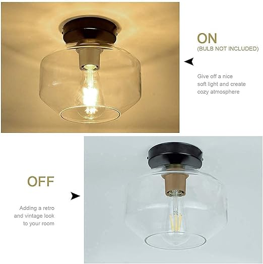 Industrial Semi Flush Mount Ceiling Light, Clear Glass Shade Ceiling Light Fixture