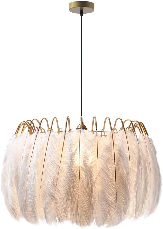 Nordic White Feather Chandelier Minimalist Decor Pendant Light Beautiful Adjustable Hanging Light for Bedroom Girls Room (Large)