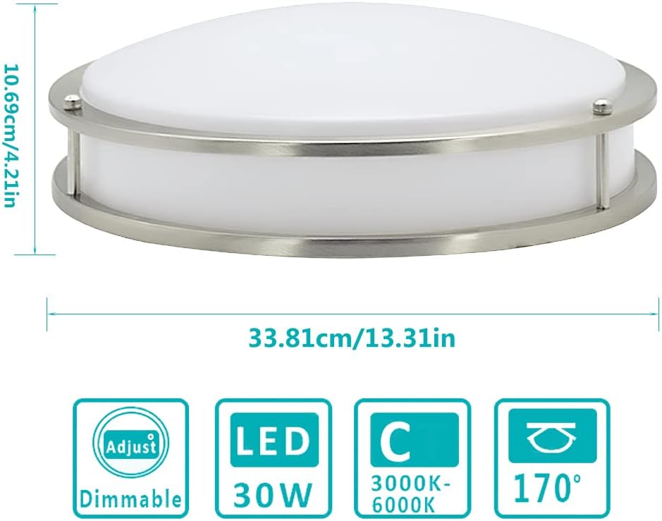 30W Modern Dimmable LED Flush Mount Ceiling Light Fixture with Remote-13.31 Inch Round Close to Ceiling Lights