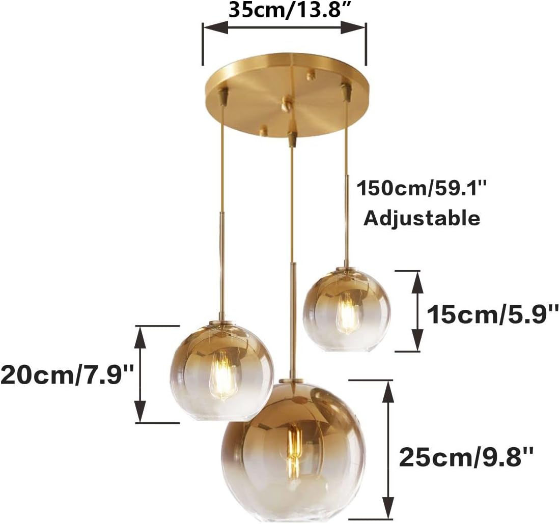 Modern 3-Pack Gold Globe Pendant Lighting Adjustable Length Lamp LED Farmhouse Light Fixtures Brass Dining Room Decor Hanging Light for Bedroom Kitchen Island Entryway