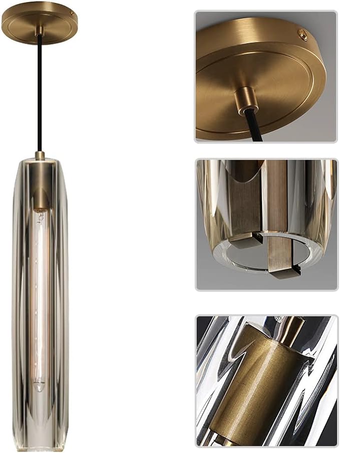 Crystal Pendant Light 1-Light Adjustable Pendant Lighting Brass Industrial Pendant Lamp for Kitchen Island Dining Room Bedroom(Smoky Gray)