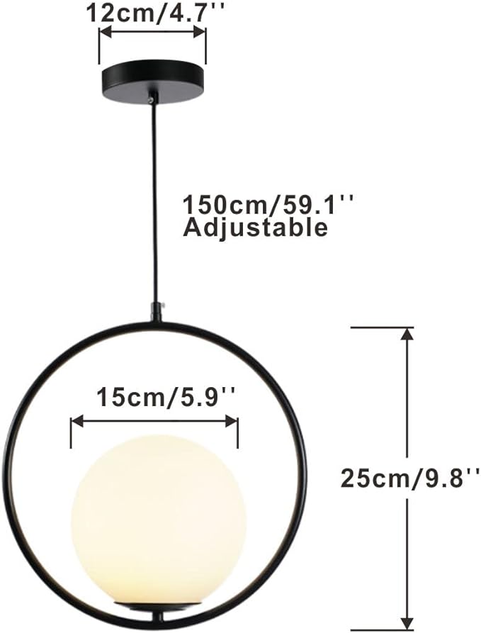 Modern Globe Pendant Light Black Large Globe Hanging Light Fixture with Frosted Glass Lampshade Adjustable Ball Pendant Light for Kitchen Island Living Room Beside