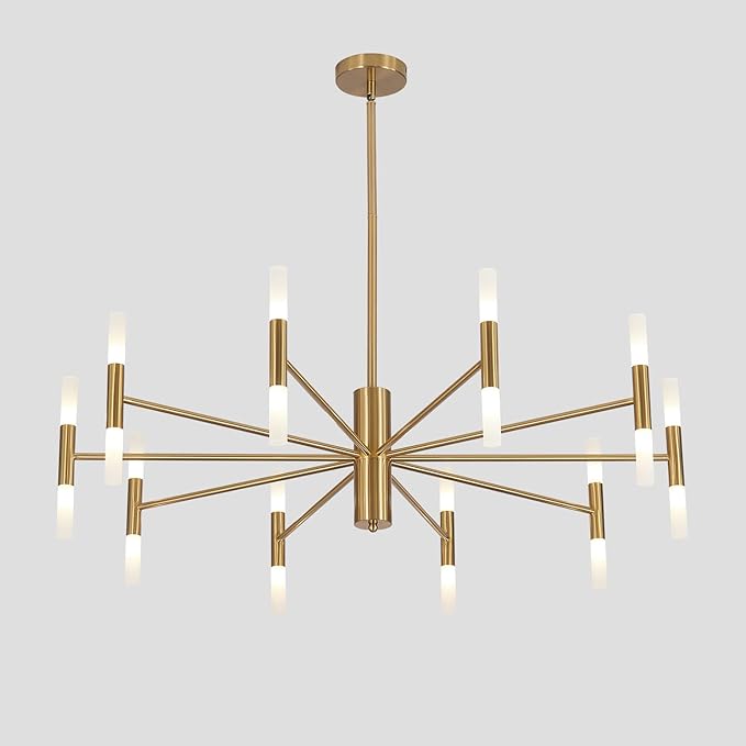 Modern Gold Brass LED Sputnik Chandelier 20-Light Luxury Round Pendant Lighting Fixture with White Acrylic Lampshade for Dining Room Living Room Bedroom