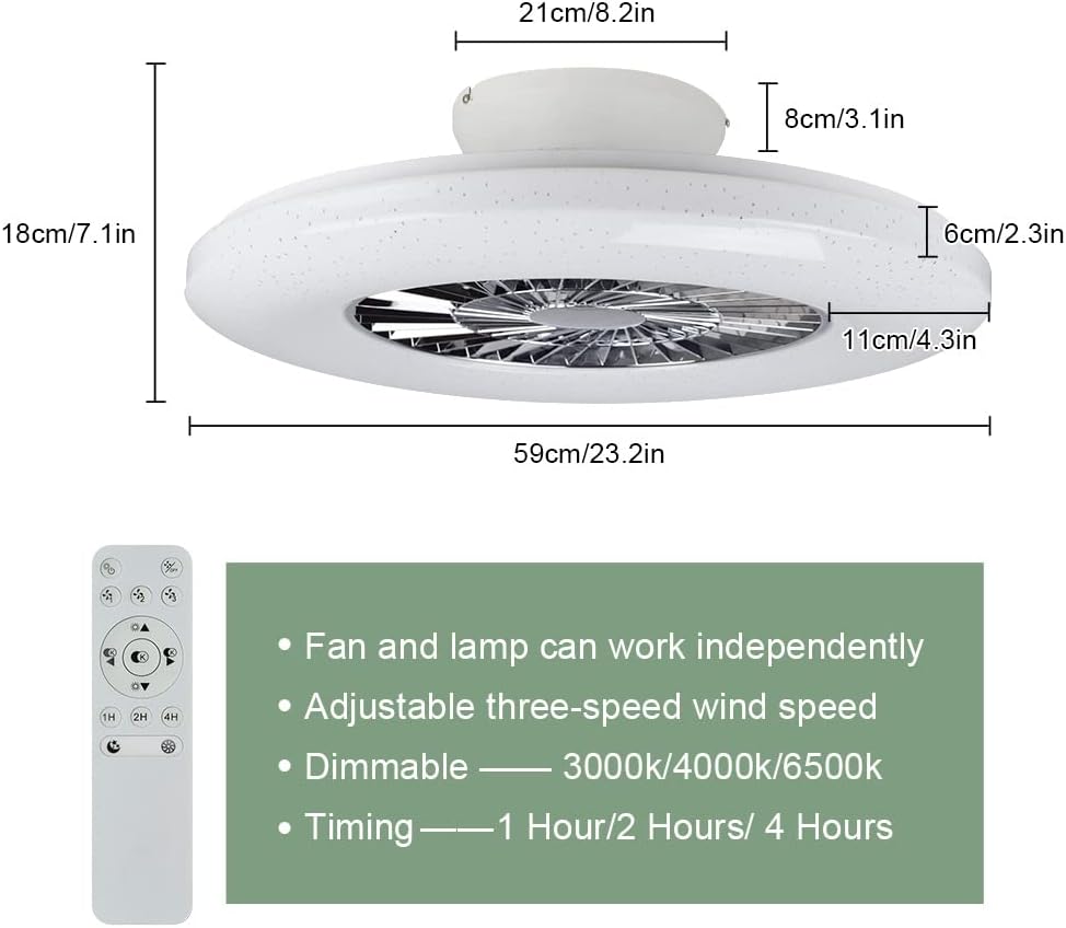 LED Remote Ceiling Fan with Light Kit-40W Modern Dimmable Ceiling Fan Lighting, 7 Invisible Blades Ceiling Fans, 23 Inch Ceiling Lighting Fixture