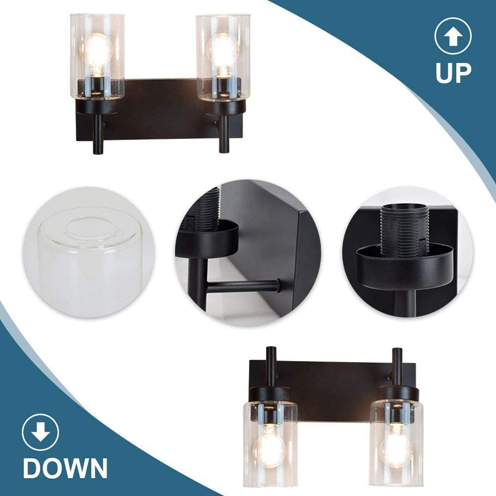 Wall Vanity Light Fixture, Farmhouse Bathroom Lighting, 2-Light Metal Wall Mount Lamp with Glass Shade