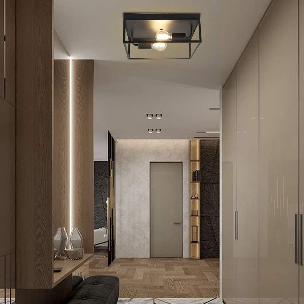 Industrial Metal Flush-Mount Ceiling Lighting Fixture, 13” Square Farmhouse Close to Ceiling Light