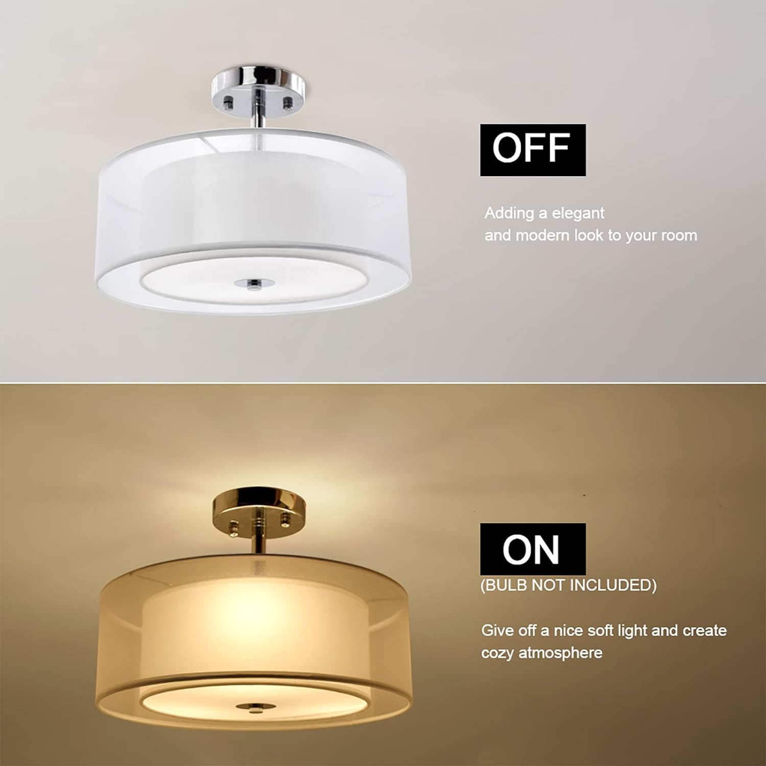 3-Light Industrial Semi Drum Flush Mount Light, 15 Inch Double Drum Pendant Close to Ceiling Light Fixture