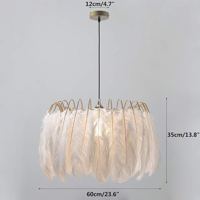 Nordic White Feather Chandelier Minimalist Decor Pendant Light Beautiful Adjustable Hanging Light for Bedroom Girls Room (Large)
