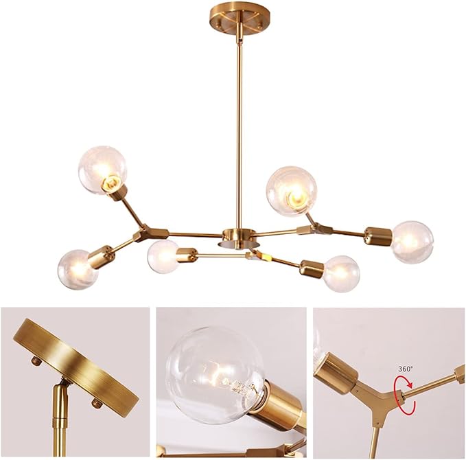 Modern Sputnik Chandelier Brushed Brass Hanging Lamp Industrial Flush Mount Ceiling Light Fixture Adjustable Hanging Lamp for Living Room (6 Lights Gold)