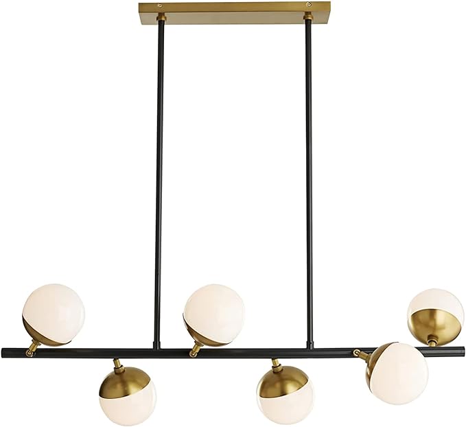 Mid Century Modern Chandelier Black Gold Globe Pendant Light Fixture 6-Light Industrial Milk Glass Chandelier for Kitchen Island Dining Room