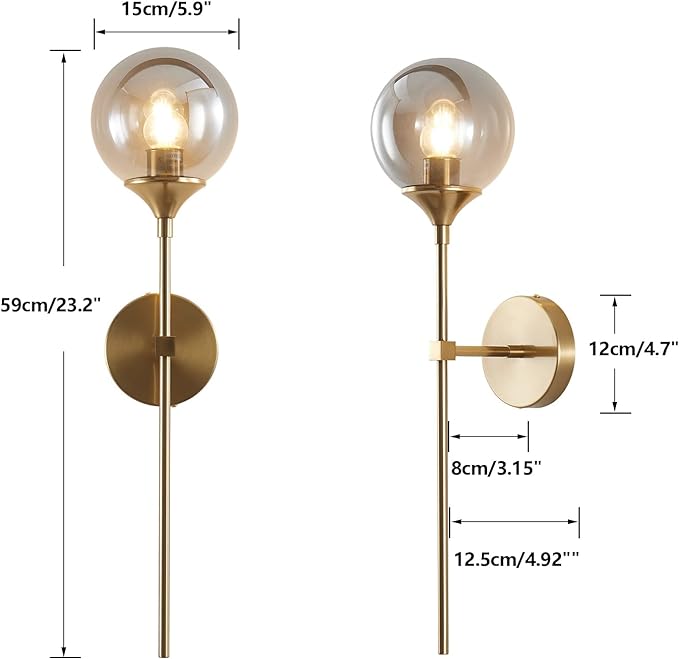 Smoke Gray Glass Globe Wall Sconce Modern Gold Long Pole Wall Lighting Mid Century Vintage Bathroom Light Fixture Sconce Brass Bar Wall Lamp (Smoke Gray)