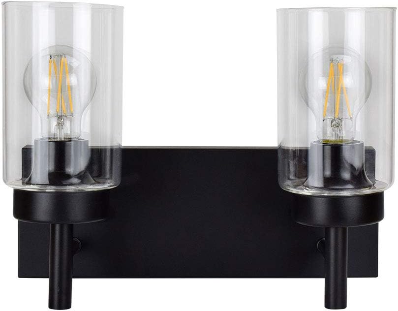 Wall Vanity Light Fixture, Farmhouse Bathroom Lighting, 2-Light Metal Wall Mount Lamp with Glass Shade