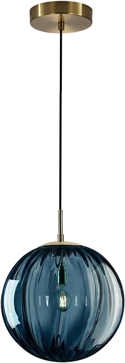 Modern 1-Light Globe Pendant Light Blue Glass Pendant Lights Kitchen Island Single Striped Glass Pendant Light Contemporary Mini Gold Hanging Light Fixture (Blue-7.9”)