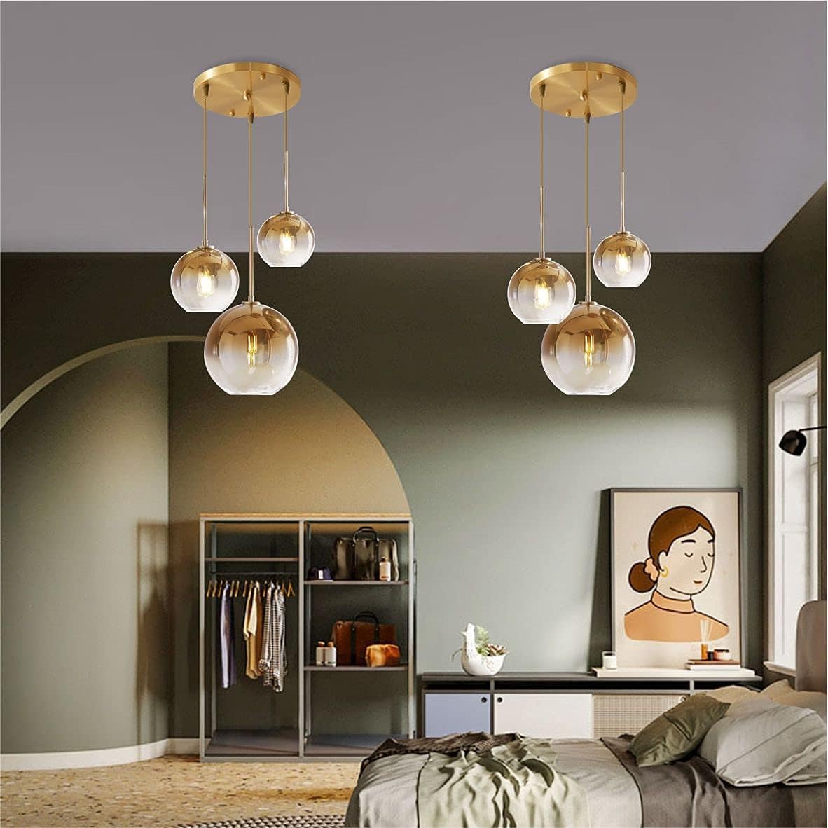 Modern 3-Pack Gold Globe Pendant Lighting Adjustable Length Lamp LED Farmhouse Light Fixtures Brass Dining Room Decor Hanging Light for Bedroom Kitchen Island Entryway