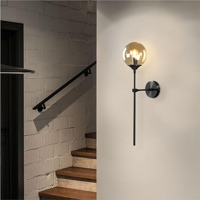 Amber Glass Globe Wall Sconce Black Slim Long Arm Wall Lamp Mid Century Modern Wall Mounted Reading Light for Bedside Stairs Bathroom Mirror