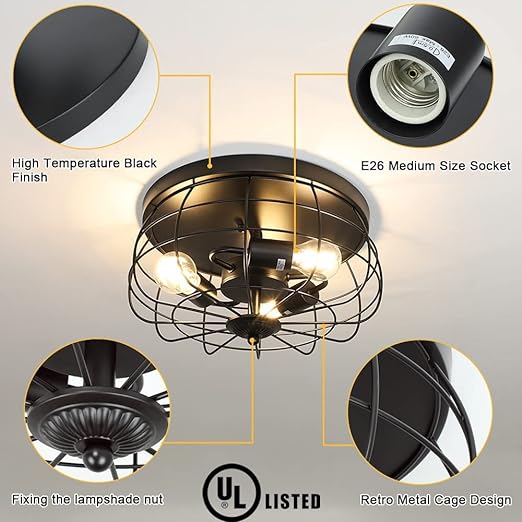 3-Light Industrial Flush Mount Ceiling Light Fixture, 14.96'' Farmhouse Matte Black Close to Ceiling Light