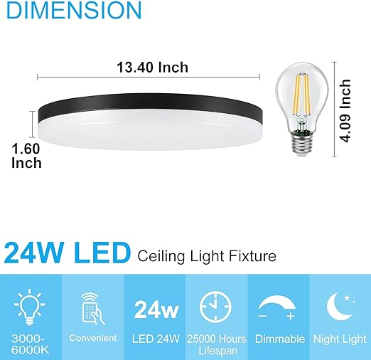 Dimmable LED Flush Mount Ceiling Light Fixture with Remote, Black 13Inch 24W 3000K-6000K Light Color Adjustable, Modern Ultra-Thin Round Close to Ceiling Light