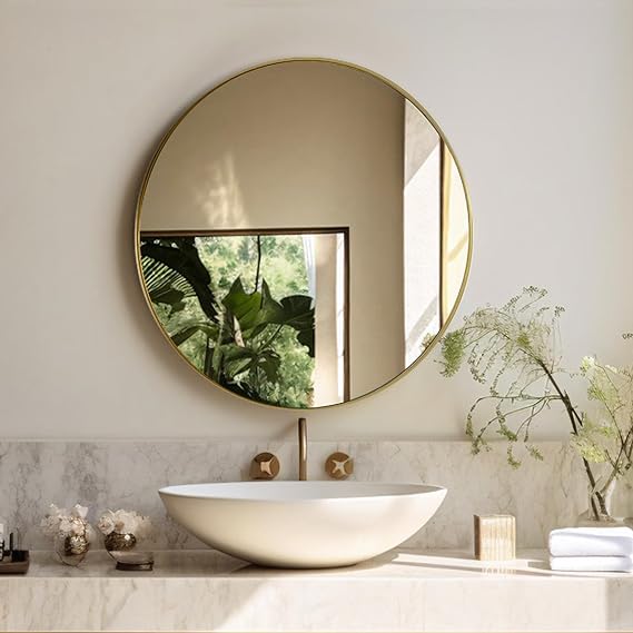 Round Vanity Mirror, 24 Inch Circle Bathroom Mirror, Gold Metal Framed Mirrors, Aluminum Alloy Wall Mounted Mirror