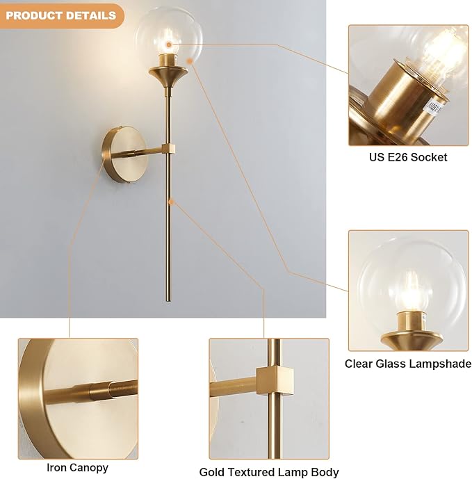 Vanity Clear Bubble Glass Wall Lights Modern Globe Round Sconces Wall Lighting Brushed Brass Long Wall Sconce Mid Century Bar Bathroom Wall Lamp (Clear)