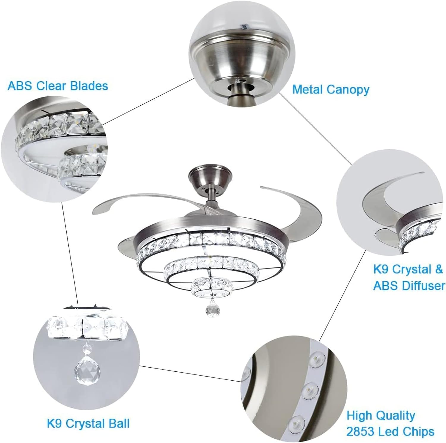 42'' Crystal Ceiling Fan with Light, 36W Modern Ceiling Fan Remote, 3-Blade Retractable Led Fan Chandelier