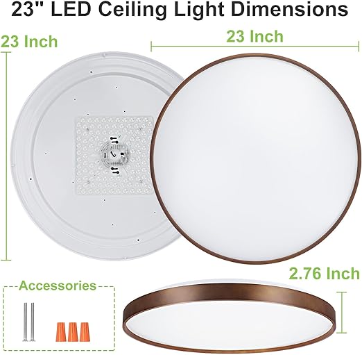 45W Modern LED Flush Mount Ceiling Light, 23 Inch Thin Round Close to Ceiling Light, Wood Grain Low Profile Light