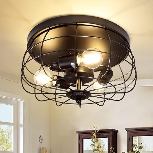 3-Light Industrial Flush Mount Ceiling Light Fixture, 14.96'' Farmhouse Matte Black Close to Ceiling Light