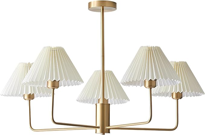 5-Lights White Pleated Fabric Pendant Light Mid Century Modern Brushed Gold Sputnik Chandelier Traditional Dining Living Room Chandelier Above Dining Table