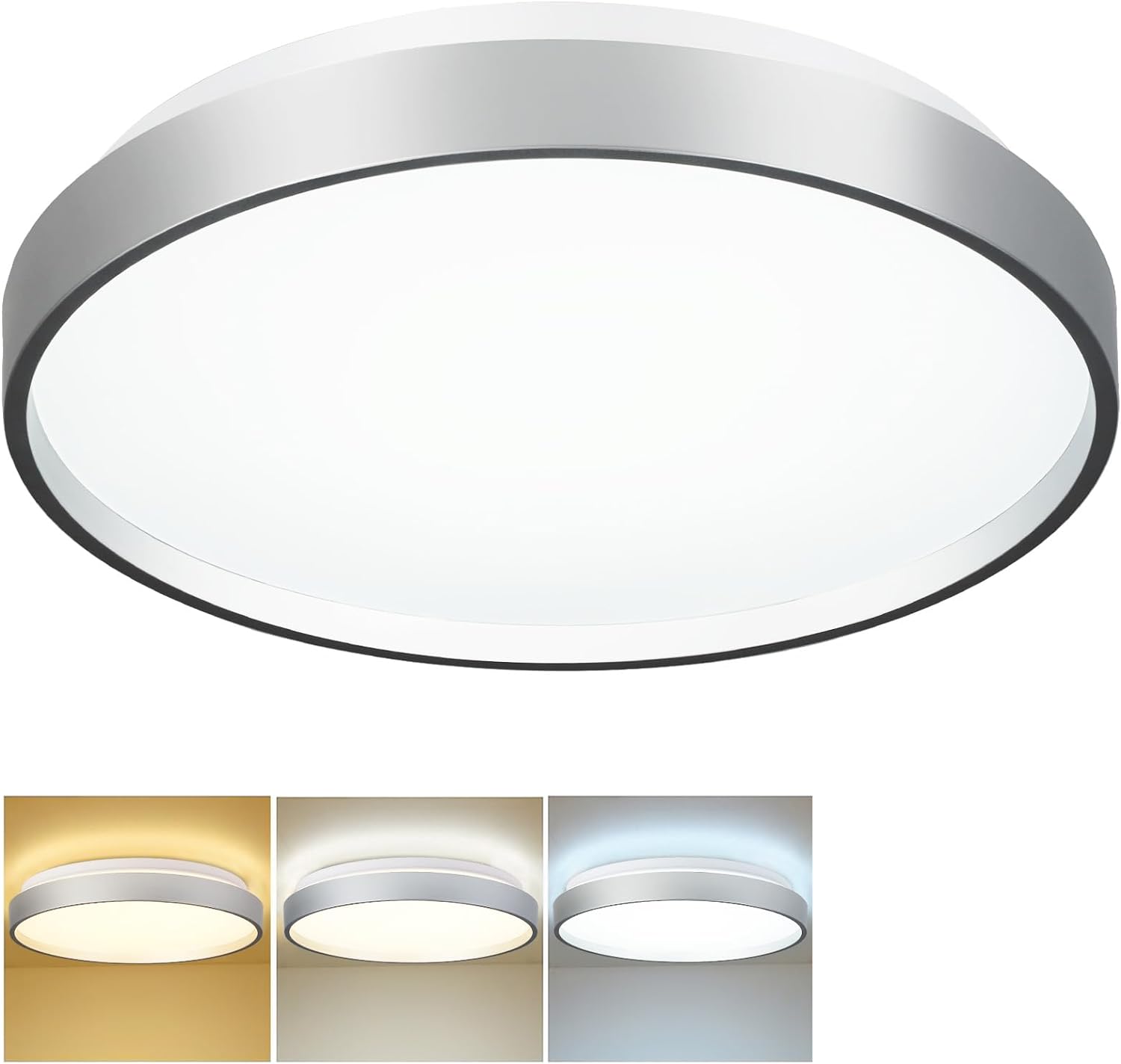 24W Modern LED Flush Mount Ceiling Light, 13 Inch Silver Low Profile Light Fixture, Thin Round Close to Ceiling Light